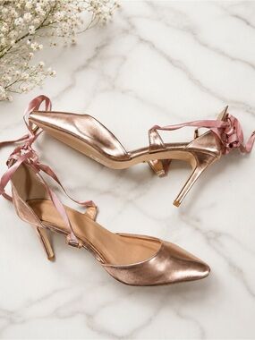 Rose Gold Pointed Toe Lace-Up Heels